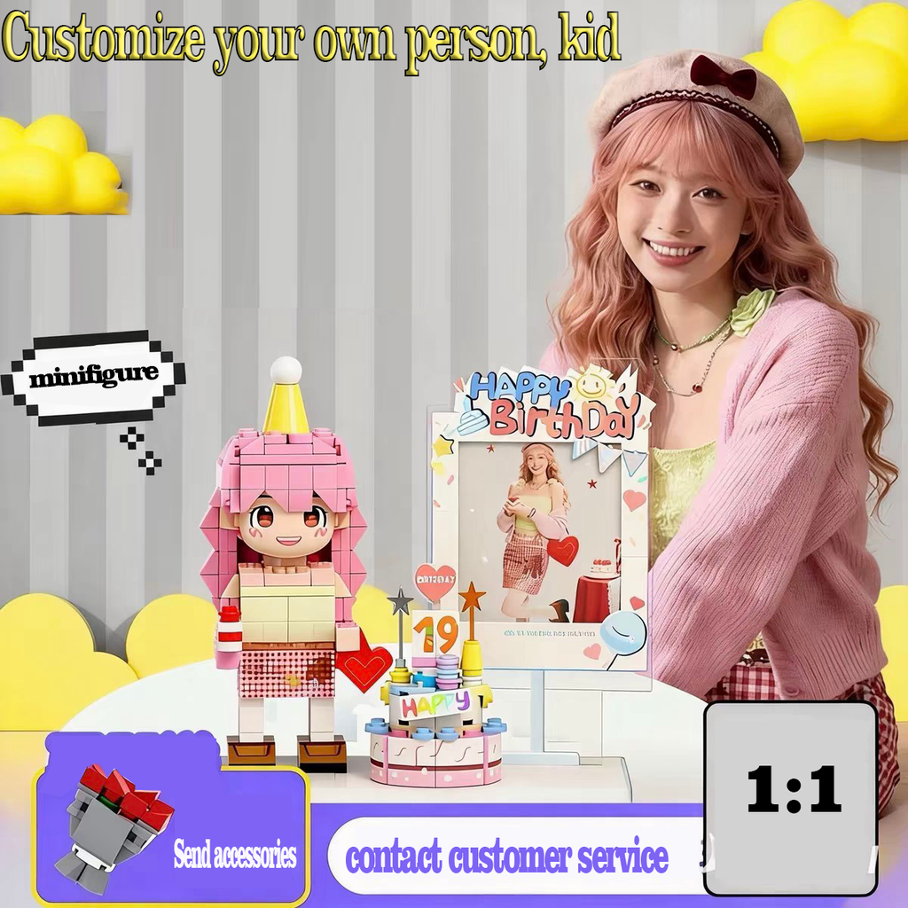Custom Photo Brick Minifigure, Personalized 3D Building Block Figure With Birthday Photo Frame & Cake Ornament, Customized Portrait Brick Doll Unique Birthday Anniversary Gift For Her Him Kids